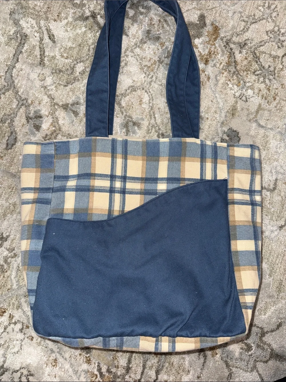 Plaid Canvas Tote Bag with Demin Navy  Canvas Pocket quilt fabric